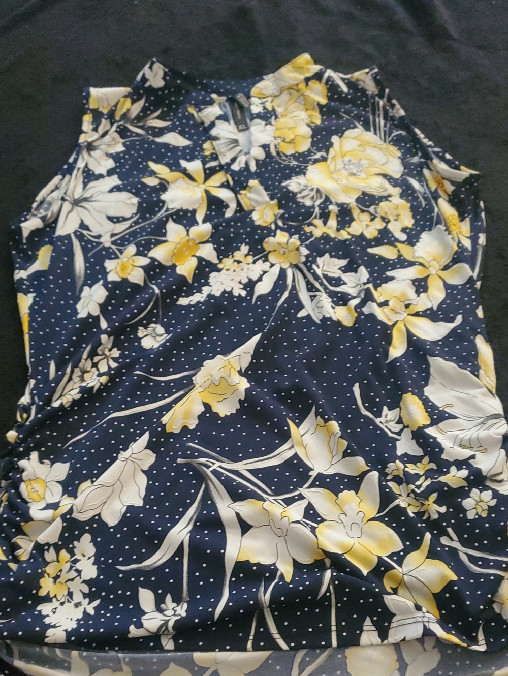 Navy Floral Sleeveless Blouse with Yellow Flowers